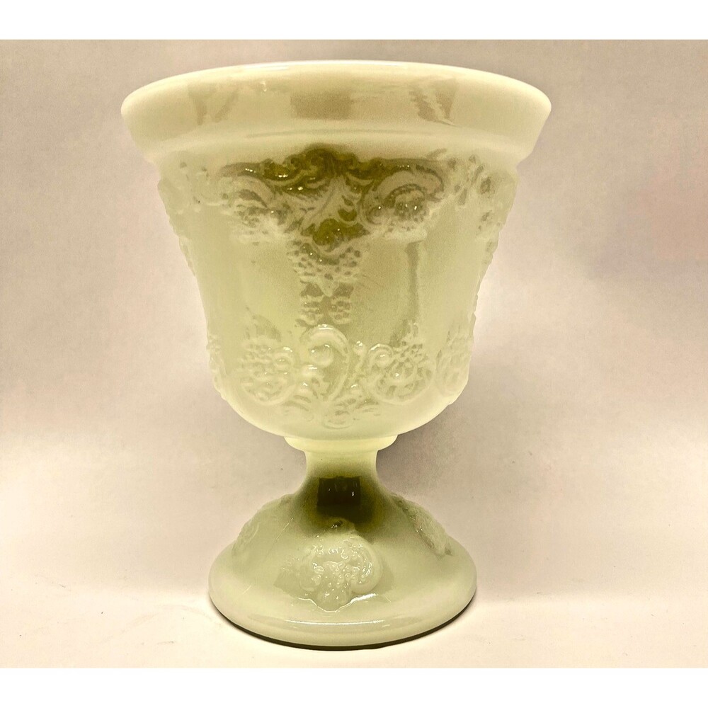Vintage E.O. Brody M4300 Milk Glass Pedestal Vase Planter 7” Grape Scroll USA